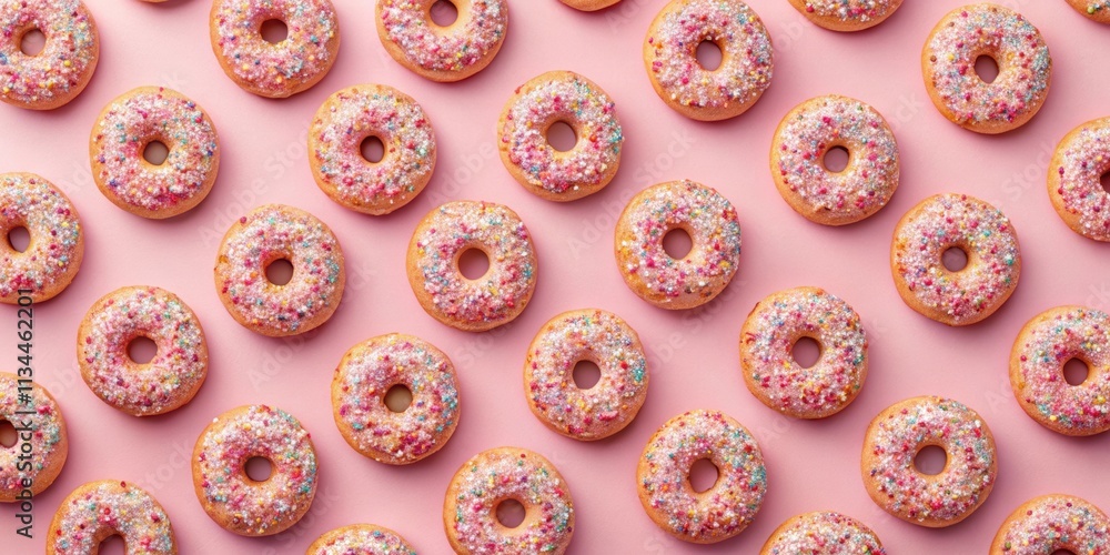 Flat lay donuts seamless pattern on pink background with sweet glazed sprinkles pastry, donuts, flat lay Flat lay donuts seamless pattern on pink background with sweet glazed sprinkles pastry, donuts, flat lay