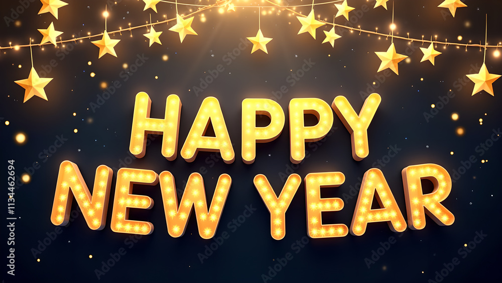 Happy New Year Celebration with Golden Stars and Lights. Concept of New Year's Eve and Festivities. Happy New Year Celebration with Golden Stars and Lights. Concept of New Year's Eve and Festivities.