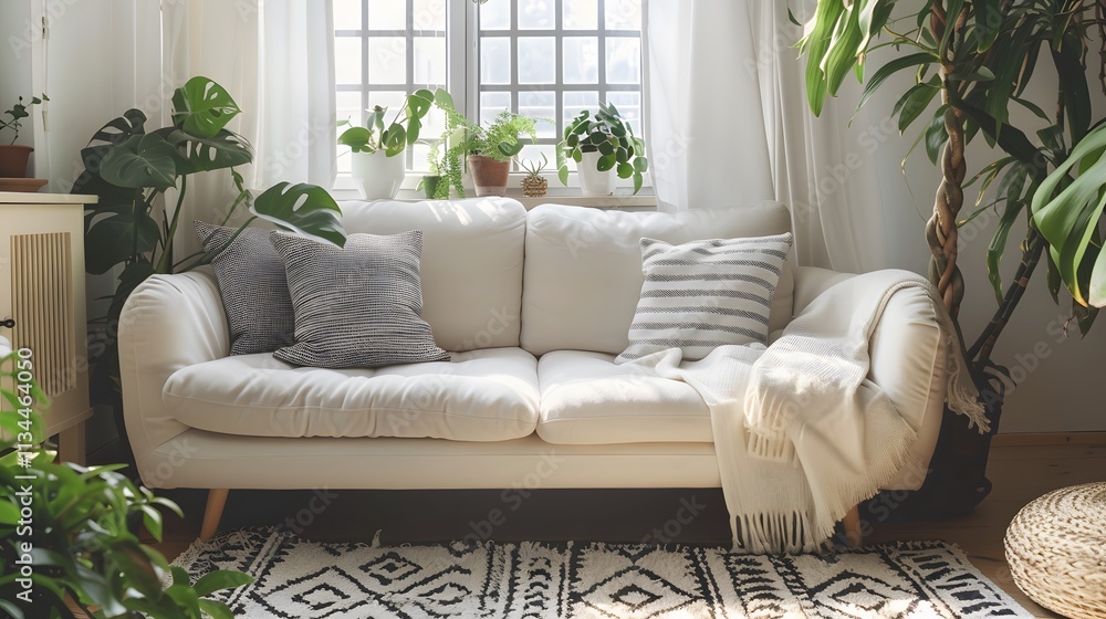 Cozy Living Room with Comfortable Sofa and Indoor Plants in Natural Light Cozy Living Room with Comfortable Sofa and Indoor Plants in Natural Light