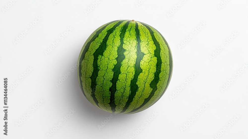 A photostock of a whole ripe watermelon with vibrant green stripes, placed on a seamless white background, symbolizing summer freshness and hydration. High Quality A photostock of a whole ripe watermelon with vibrant green stripes, placed on a seamless white background, symbolizing summer freshness and hydration. High Quality