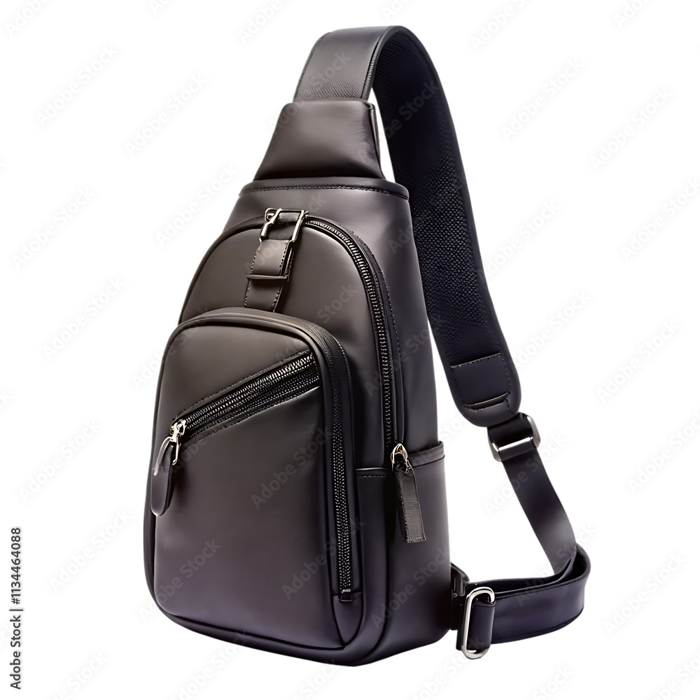 Naklejka premium Black Leather Sling Backpack isolated on white background as transparent. PNG. AI GENERATED