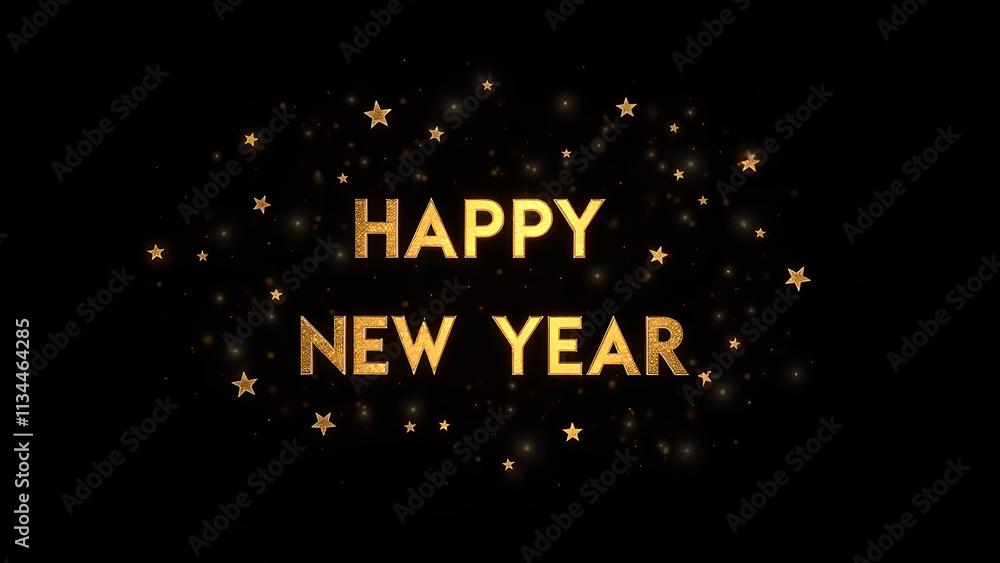 Fototapeta premium Happy New Year golden text with shiny stars. Concept of celebration, new beginning, and holiday.