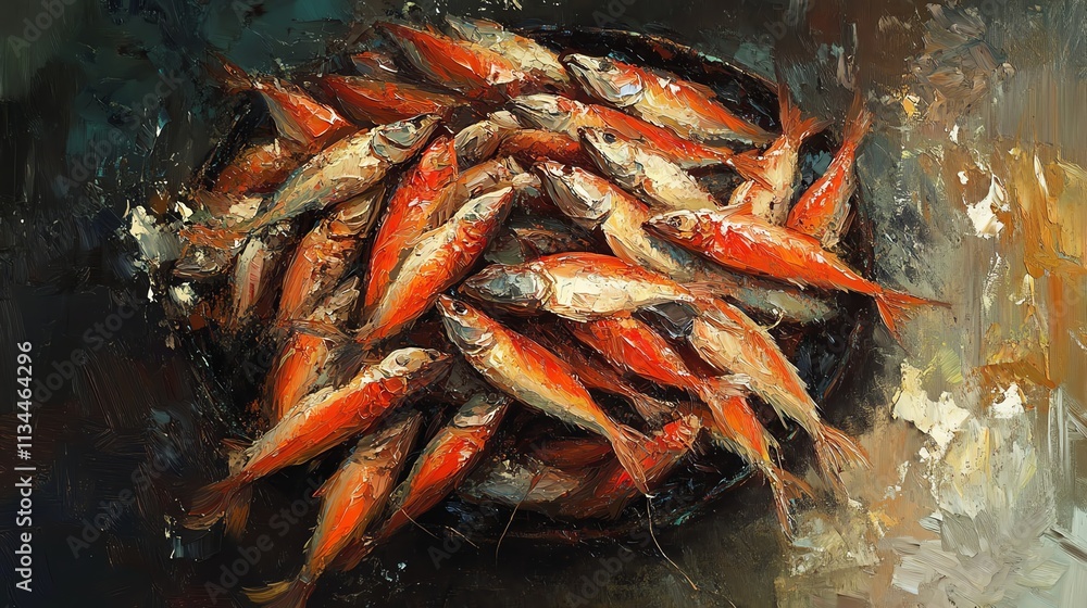 Freshly caught fish arranged beautifully in a rustic bowl on textured surface. Freshly caught fish arranged beautifully in a rustic bowl on textured surface.
