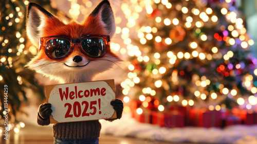 A cute fox wearing Wearsun glasses. Christmas , symbol of the year, cartoon haracter, design, santa photo