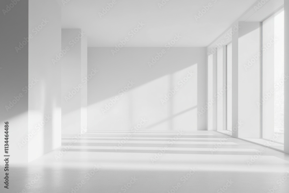 Fototapeta premium Sunlit empty white room with large windows.