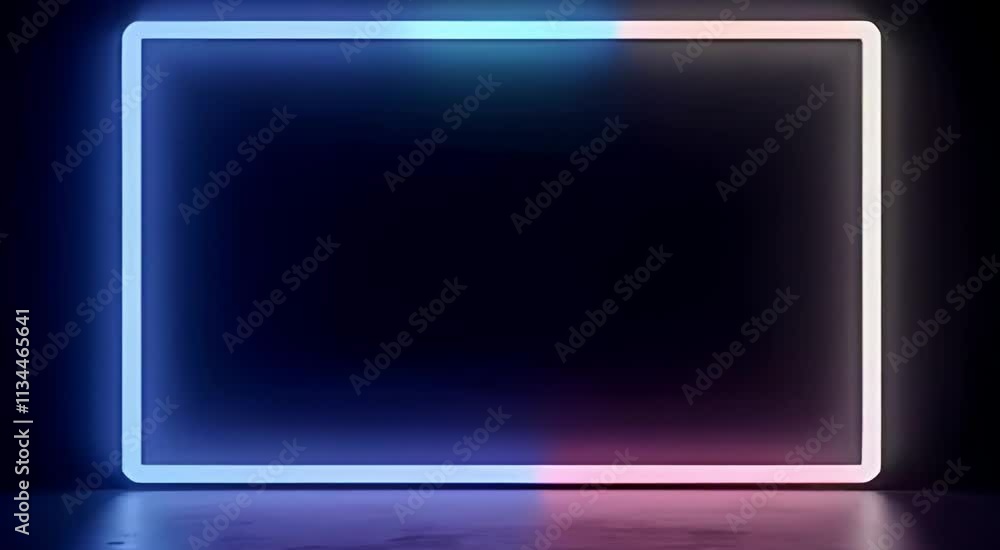 Sleek Rectangular Neon Frame with Smooth Gradient Transitions from Electric Blue to Hot Pink and Vivid Green with Gentle Flickering Effects Sleek Rectangular Neon Frame with Smooth Gradient Transitions from Electric Blue to Hot Pink and Vivid Green with Gentle Flickering Effects