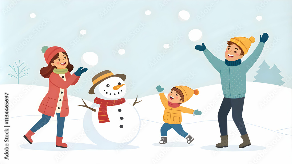 Joyful Family Playing in Snow Together with Plain Background and Copy Space for Text or Branding Joyful Family Playing in Snow Together with Plain Background and Copy Space for Text or Branding