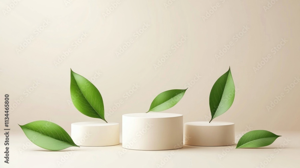 Minimalist product display with green leaves and white cylinders Minimalist product display with green leaves and white cylinders