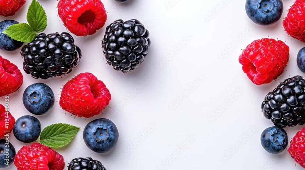 A photostock of fresh mixed berries, including raspberries, blueberries, and blackberries, placed on a seamless white background, symbolizing health and natural sweetness. High Quality A photostock of fresh mixed berries, including raspberries, blueberries, and blackberries, placed on a seamless white background, symbolizing health and natural sweetness. High Quality