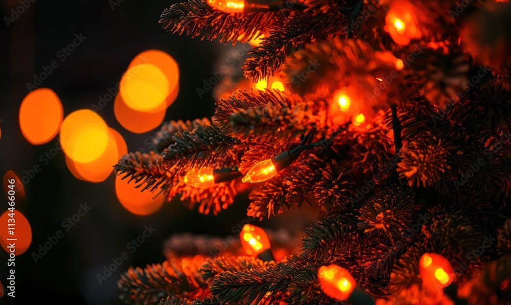 A Christmas tree decorated with orange lights, casting a warm and inviting glow in the dark. The orange light reflects off the treea??s leaves, creating a soft and vibrant atmosphere. A Christmas tree decorated with orange lights, casting a warm and inviting glow in the dark. The orange light reflects off the treea??s leaves, creating a soft and vibrant atmosphere.
