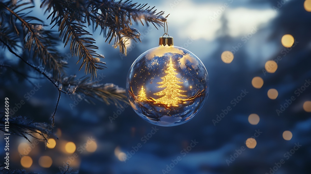 Snow ball with delicate Christmas tree glowing in golden light hanging on fir branch under blue night background Snow ball with delicate Christmas tree glowing in golden light hanging on fir branch under blue night background