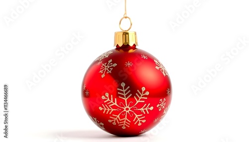 A red Christmas ornament with gold snowflakes.