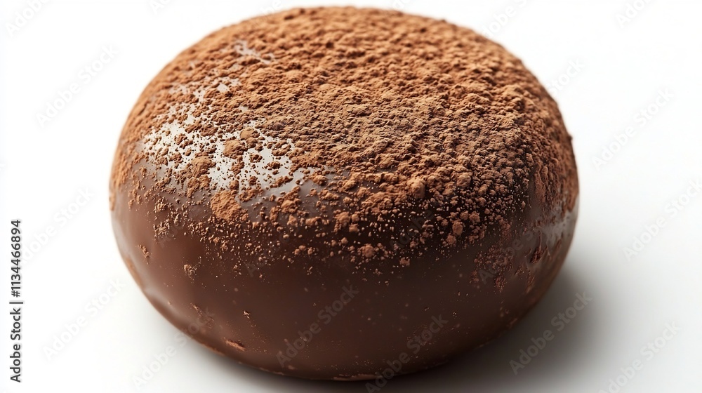 Perfectly round glossy chocolate truffle with cocoa powder dusting on white background Perfectly round glossy chocolate truffle with cocoa powder dusting on white background