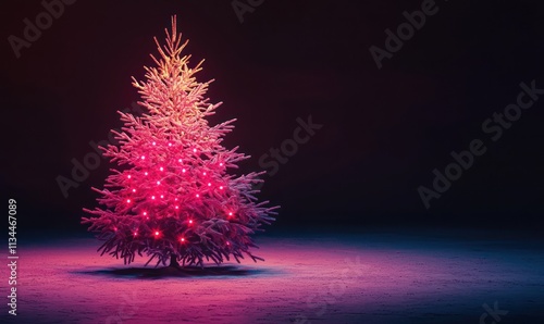 A Christmas tree glowing with pink lights, its branches illuminated brightly against the dark, empty background. The pink hue gives a playful, warm feel, showcasing the treea??s intricate details. photo