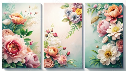 Modern triptych featuring floral design , , modern, triptych, floral, flowers, elegant, vibrant, decoration