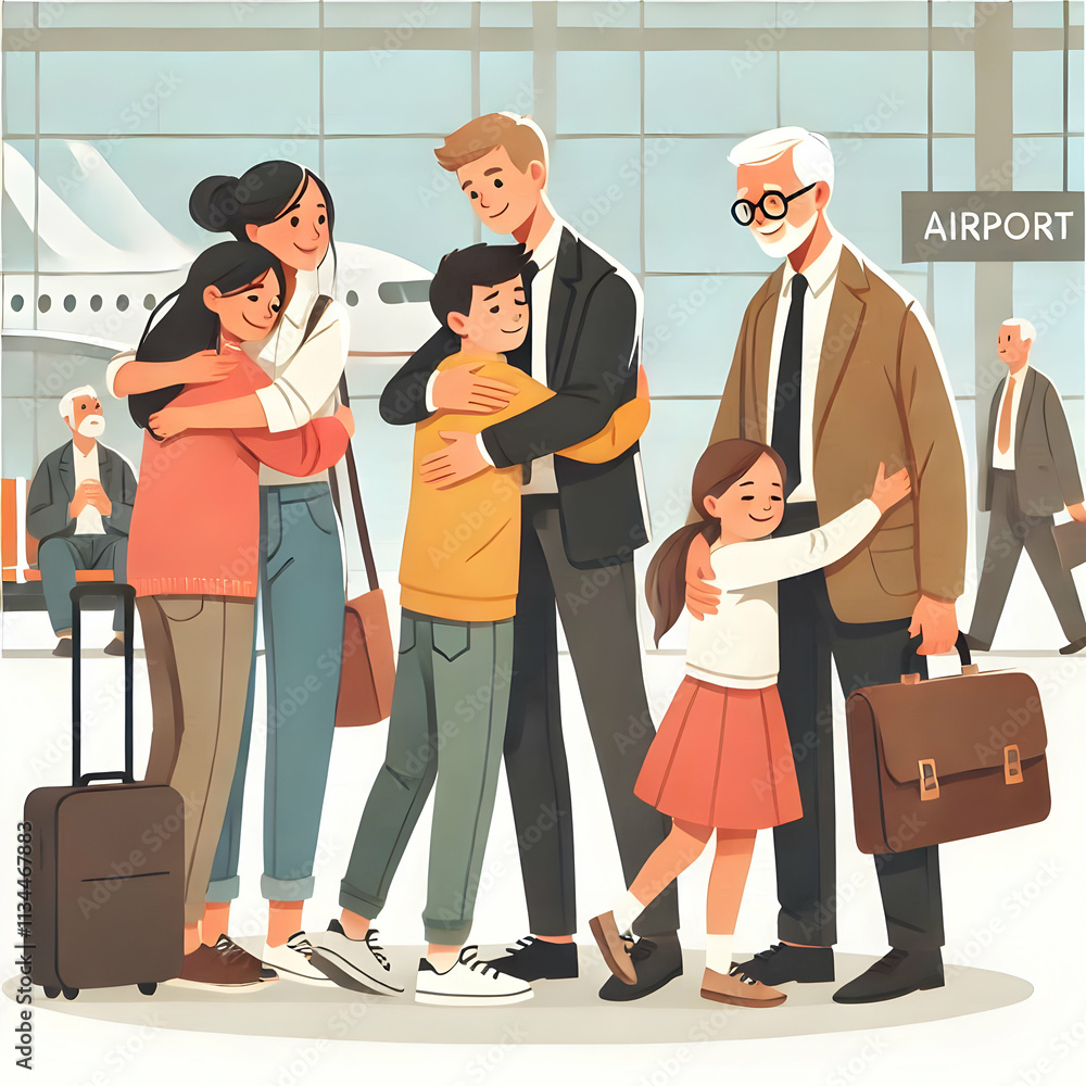 Obraz premium Candid Family Reunion Airport Embrace Flat Vector Illustration with Ample Copy Space for Text