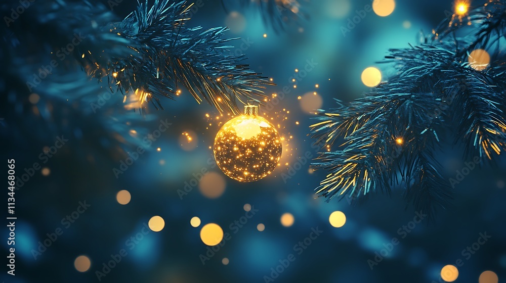 Fototapeta premium Fir branch holding glowing snow ball with Christmas tree radiating golden sparkles against blue abstract night