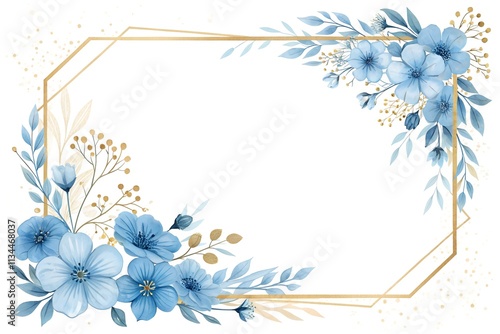 Fototapeta Naklejka Na Ścianę i Meble -  Blue watercolor floral frame background vector with a golden border on a white background, blue flowers decoration for a wedding invitation and card design template illustration