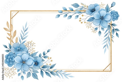 Blue watercolor floral frame background vector with a golden border on a white background, blue flowers decoration for a wedding invitation and card design template illustration