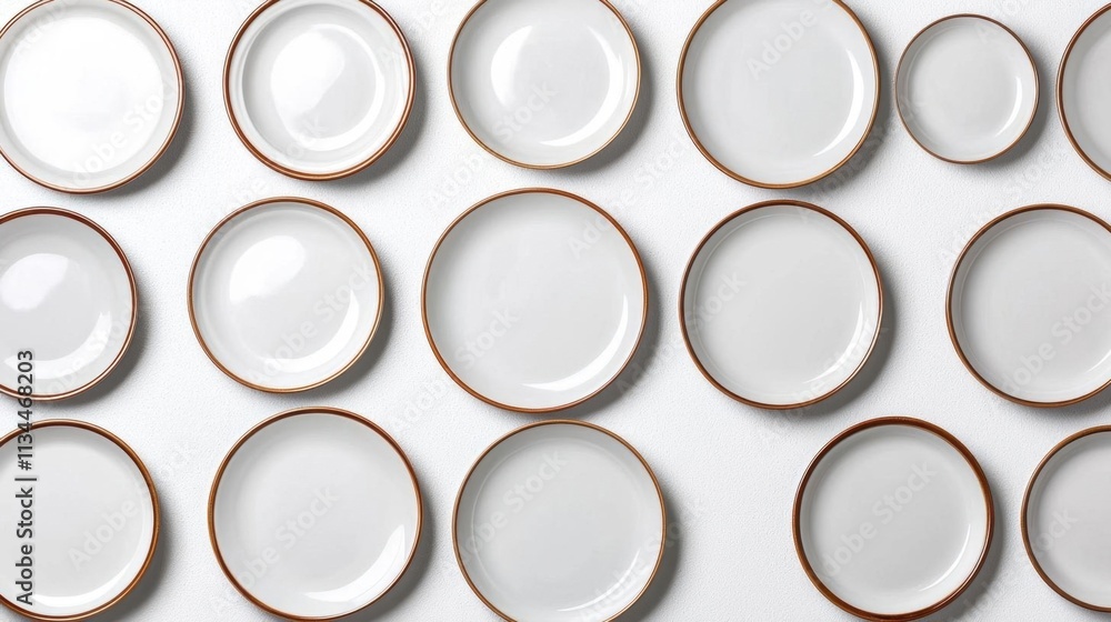 A photostock of pristine white porcelain plates and bowls stacked neatly on a seamless white background, perfect for kitchen and dining themes. High Quality