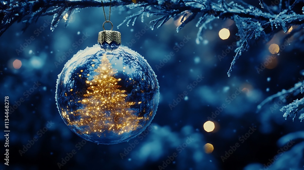 Snow ball with golden shimmering Christmas tree hanging gently from fir branch under deep blue night Snow ball with golden shimmering Christmas tree hanging gently from fir branch under deep blue night