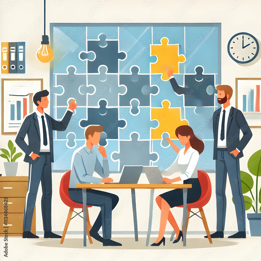 Flat Illustration of Employees Collaborating on Interactive Puzzle in Open Office with Copy Space for Team Building and Innovation Flat Illustration of Employees Collaborating on Interactive Puzzle in Open Office with Copy Space for Team Building and Innovation