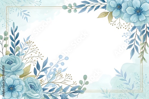 Fototapeta Naklejka Na Ścianę i Meble -  Blue watercolor floral frame background vector with a golden border on a white background, blue flowers decoration for a wedding invitation and card design template illustration