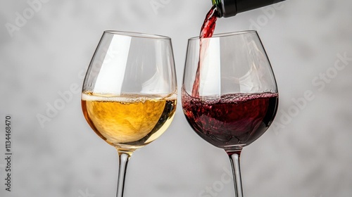 A photostock of red and white wine being poured into elegant glasses against a clean white background, symbolizing celebration and sophistication. High Quality