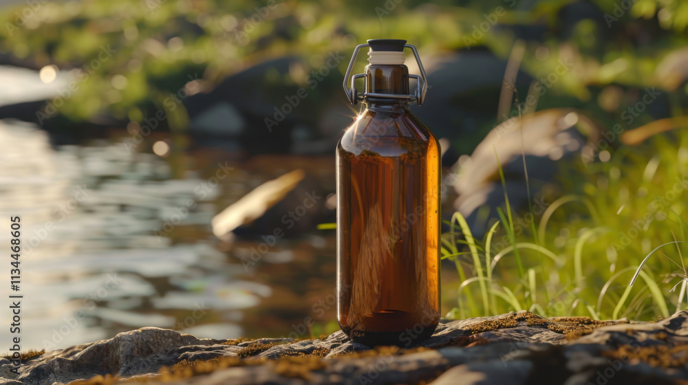 Camping bottle with secure cap, minimal label, on a natural surface Camping bottle with secure cap, minimal label, on a natural surface