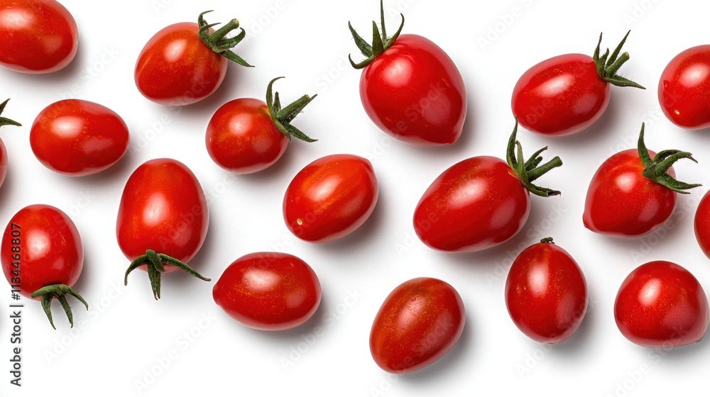 A photostock of ripe cherry tomatoes scattered across a seamless white background, showcasing their vibrant red color and fresh texture. High Quality A photostock of ripe cherry tomatoes scattered across a seamless white background, showcasing their vibrant red color and fresh texture. High Quality