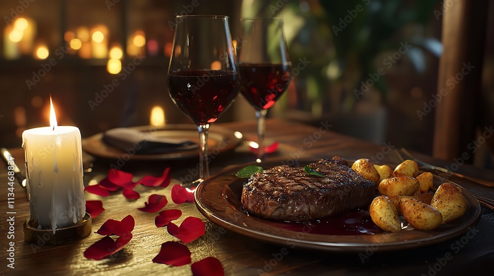 Romantic Dinner Setting with a Single Rose and Soft Candlelight Romantic Dinner Setting with a Single Rose and Soft Candlelight