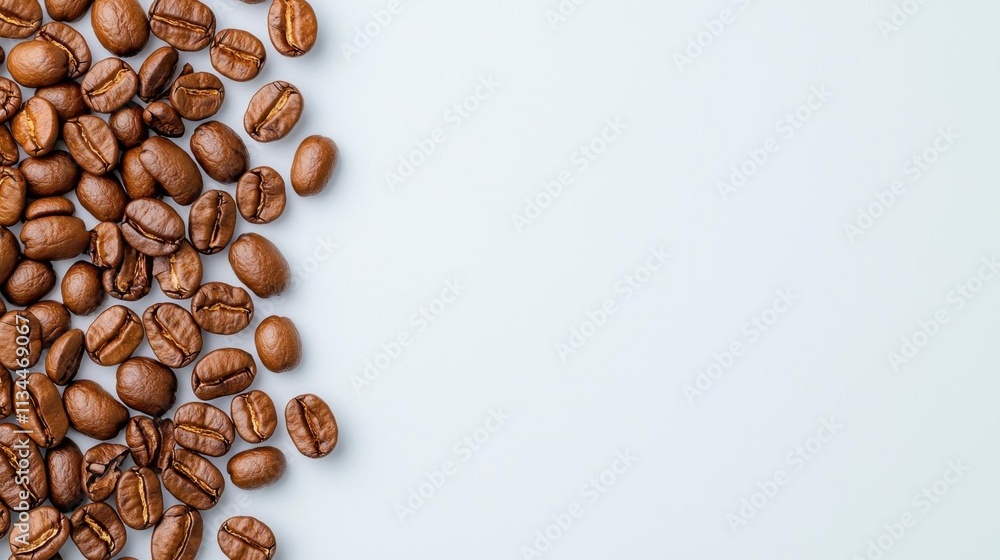 A photostock of roasted coffee beans scattered on a white background, symbolizing rich aroma and the essence of fresh coffee. High Quality A photostock of roasted coffee beans scattered on a white background, symbolizing rich aroma and the essence of fresh coffee. High Quality