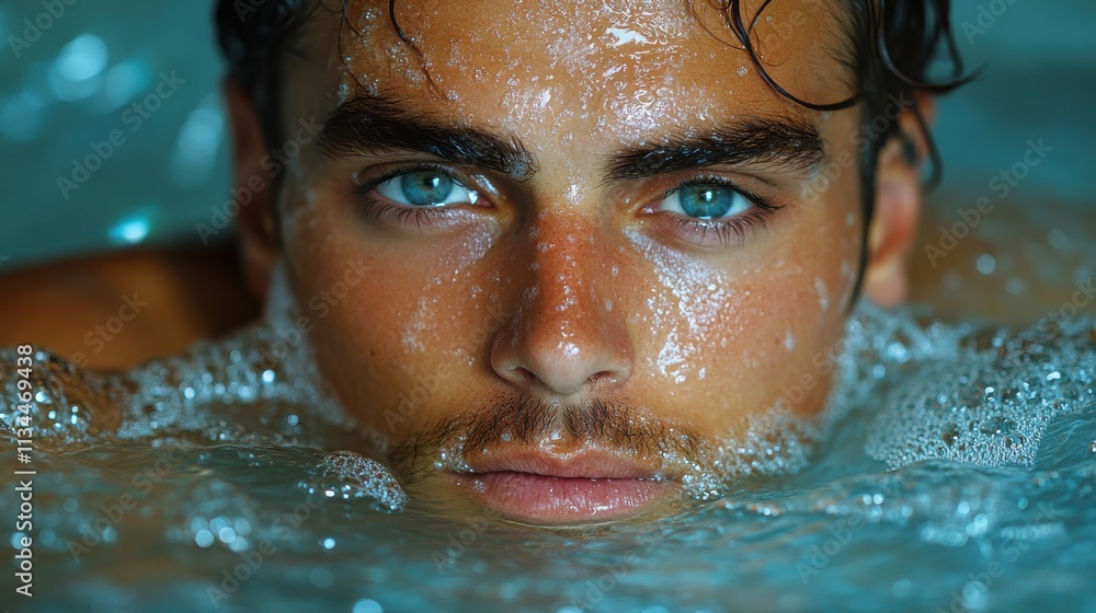 A close-up of a young man partially submerged in water, showcasing his striking features. A close-up of a young man partially submerged in water, showcasing his striking features.