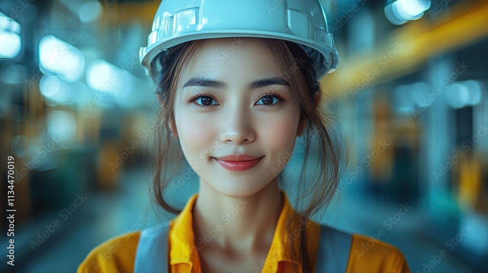 Smiling woman in a hard hat at an industrial site Smiling woman in a hard hat at an industrial site