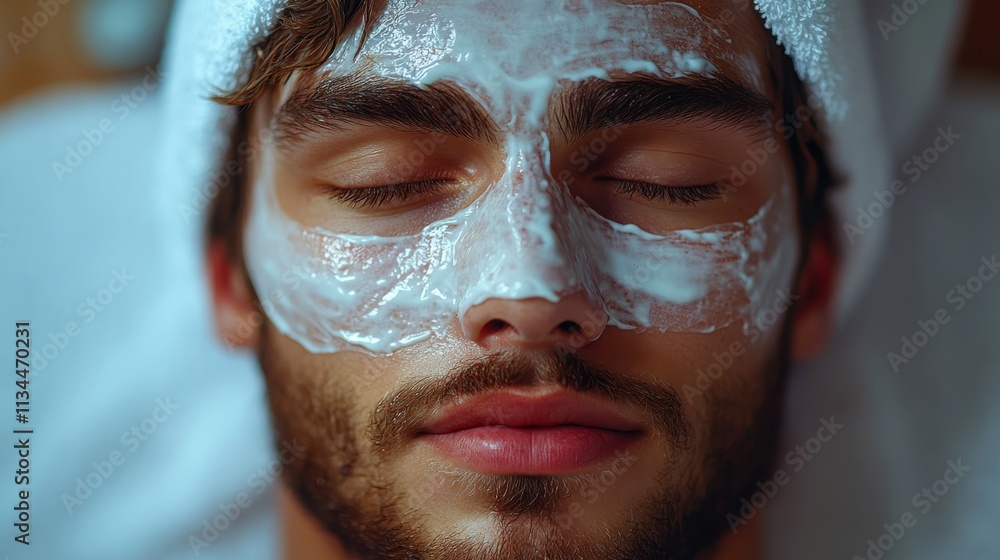 Fototapeta premium A young man relaxing with a facial mask during a spa treatment.