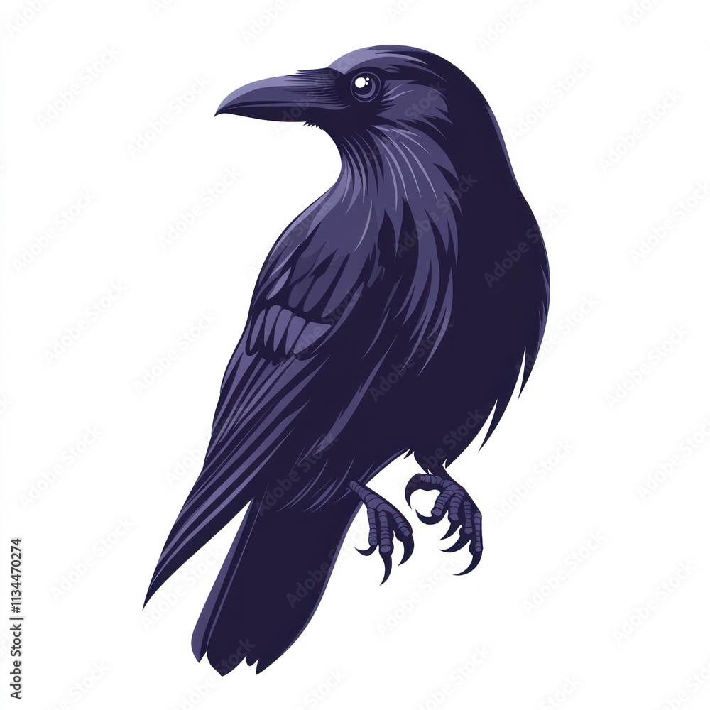 Obraz premium Dark purple raven illustration, perched, side profile, isolated on white.