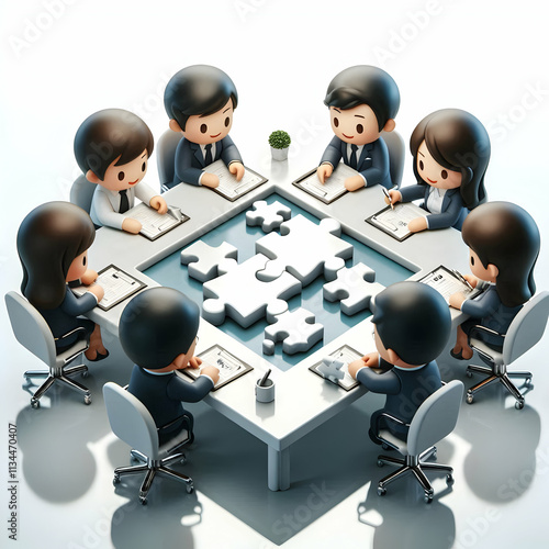 3D Business team solving puzzle on glossy conference table copy space on right. concept as Business team collaboratively solving a puzzle on a glossy conference table highlighting teamwork and strateg photo