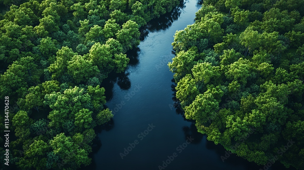 Aerial view of a winding river surrounded by lush green trees in a serene forest landscape at sunrise Aerial view of a winding river surrounded by lush green trees in a serene forest landscape at sunrise