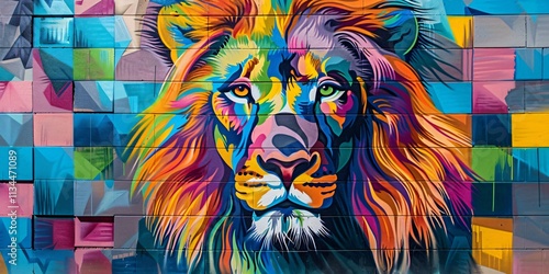 The Colorful Majesty of a Lion on the Wall, Vibrant Lion Mural A Burst of Color photo