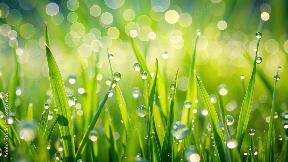 Fototapeta premium Vibrant green grass background with dew drops, nature, fresh, lush, spring, meadow, environment, texture, vibrant, growth