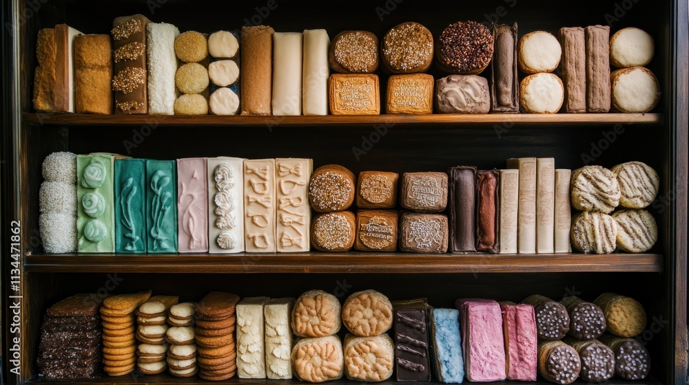 A wooden shelf displays an assortment of various cookies and biscuits, neatly organized and stacked.