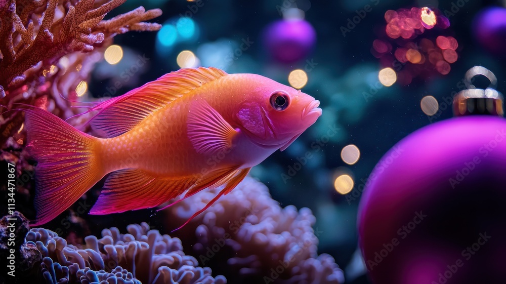 Obraz premium A vibrant pink fish swims among colorful coral and shimmering ornaments, creating a lively underwater scene filled with holiday cheer.