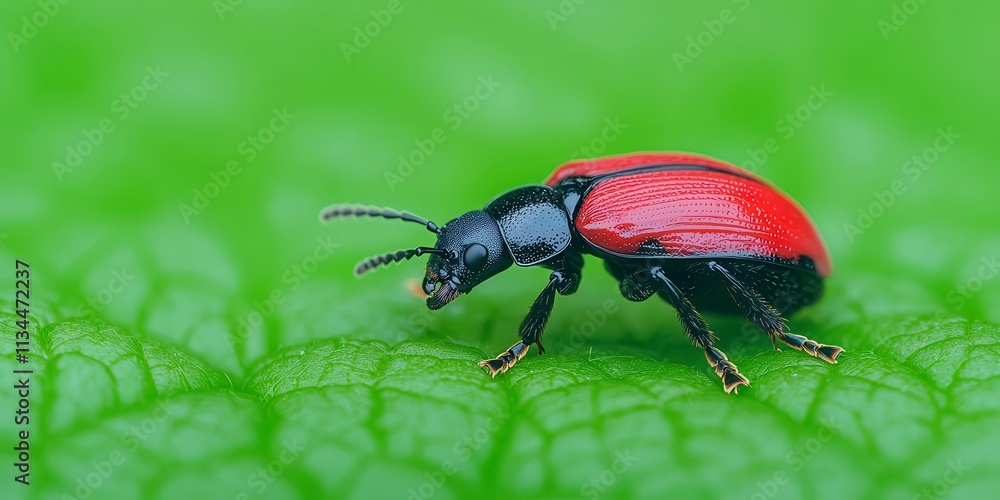 Scarlet Lily Beetle on Vibrant Green Leaf Scarlet Lily Beetle on Vibrant Green Leaf