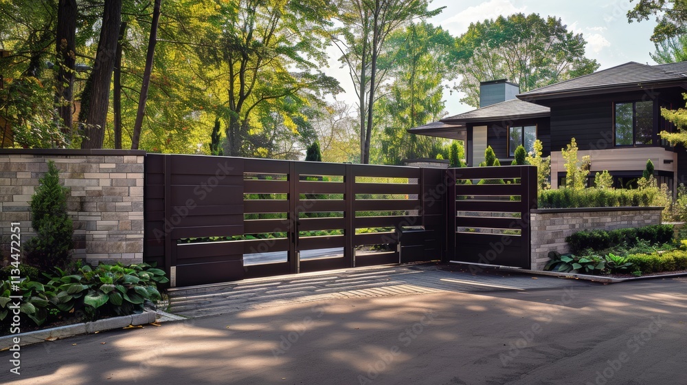 Contemporary modern house with chic aluminum gate and lush greenery in a sunlit setting Contemporary modern house with chic aluminum gate and lush greenery in a sunlit setting