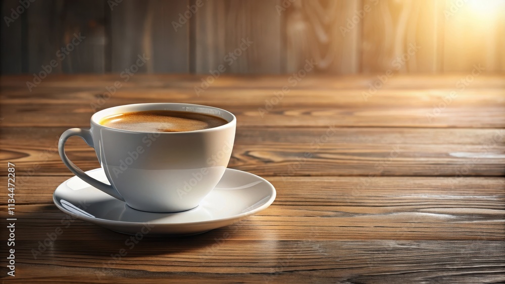 Obraz premium Realistic rendering of a coffee cup on a wooden table, coffee, cup, drink, hot, beverage, morning, caffeine, realistic, rendering