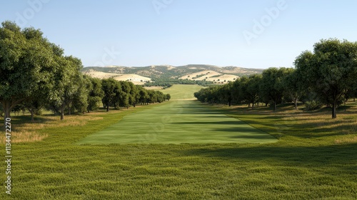 Serene Golf Course Fairway with Rolling Hills and Trees