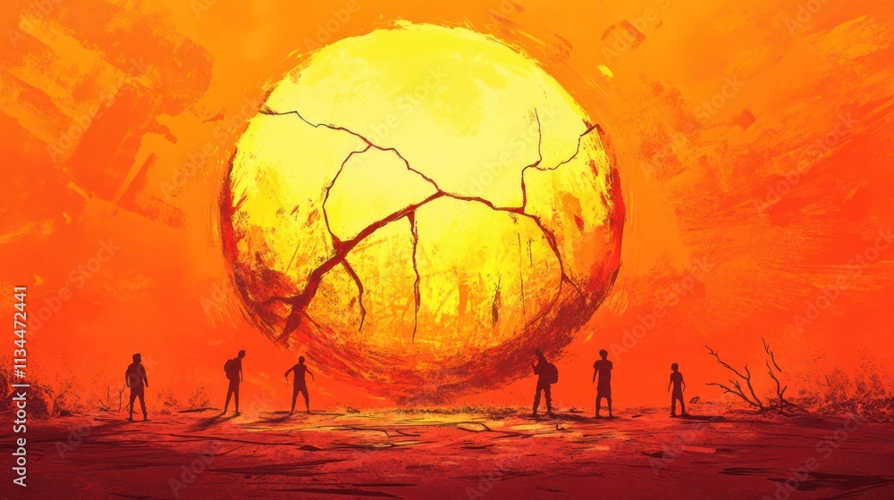 Naklejka premium Cracked sun, desert scene, figures gazing at large, broken orb.