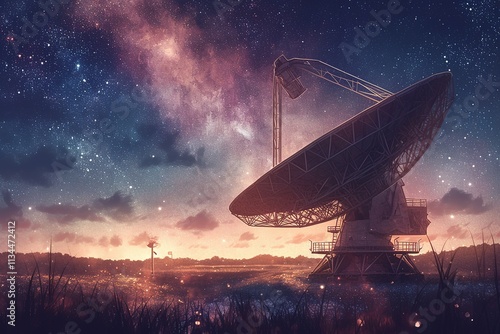 Universe Observatory. A group of telescopes and the Milky Way.