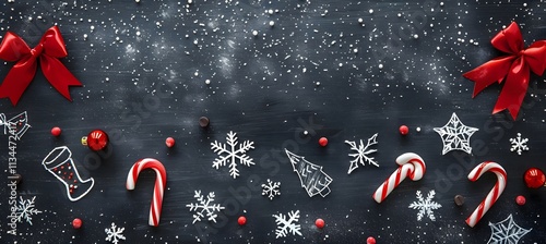 A black chalkboard-like background with bright white chalk-style Christmas designs, candy canes, and tiny red bows