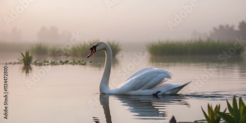 Fototapeta Naklejka Na Ścianę i Meble -  Graceful swan gliding across a calm lake